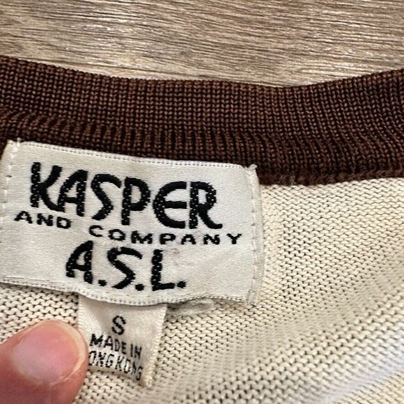 Vintage Kasper ASL Cardigan Womens Small‎ Cream Brown Academia Button Front - Picture 4 of 7